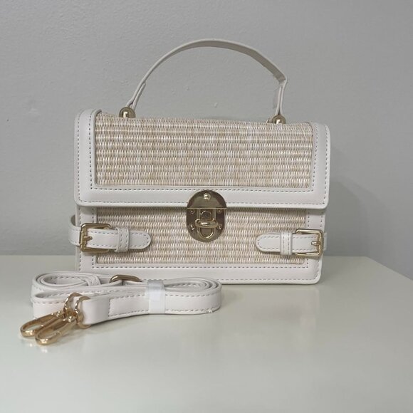 Neiman Marcus Beige Gold Hardware Straw Woven Crossbody Bag - Picture 1 of 5